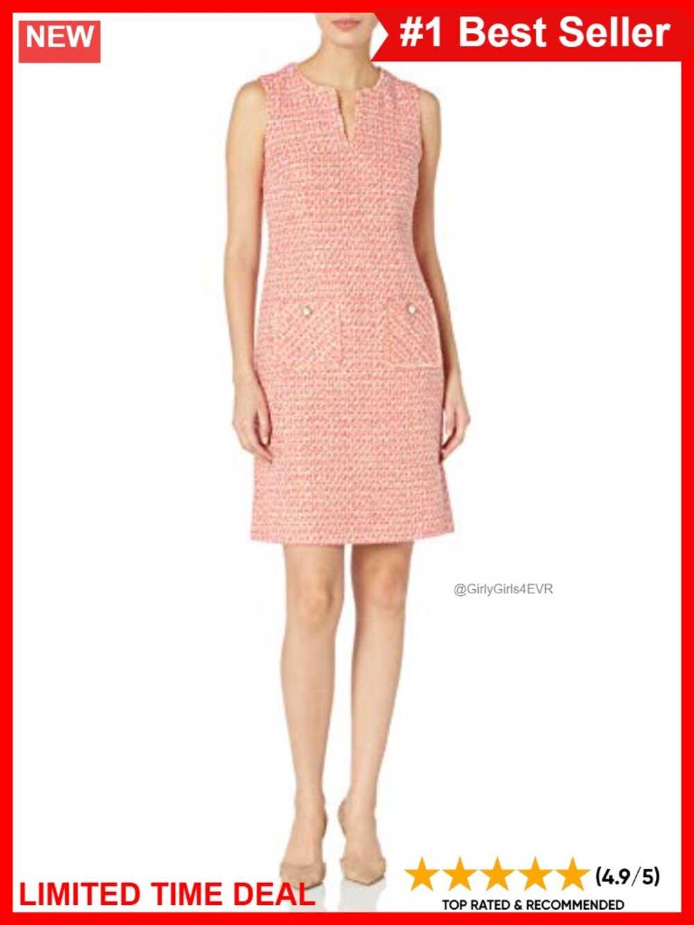 Tweed Shift Dress with Two Front Pockets Sleeveless V-Neck Office to Night